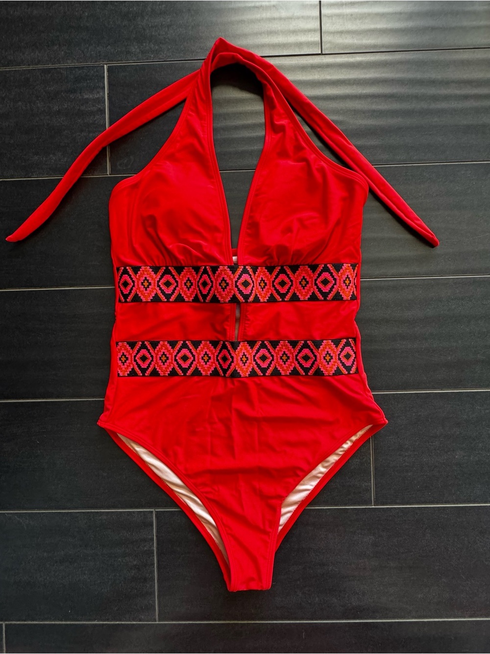 Red Halter One-Piece Swimsuit with Geometric Waist Bands size Large